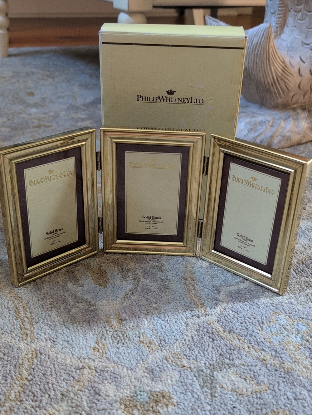 Vintage Triple Solid Brass Hinged Picture Frame Philip Whitney Original Box
